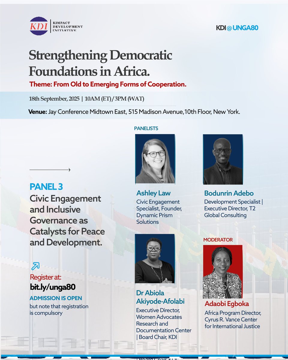 🌍 Africa’s democracies face insecurity, shrinking civic space &amp; exclusion of women &amp; youth. Yet resilience &amp; innovation shine.

✨ At #UNGA80, KDI hosts Strengthening Democratic Foundations in Africa (Sept 18 | 10 AM ET | NY).

Join leaders shaping democracy’s future. 
👇👇👇