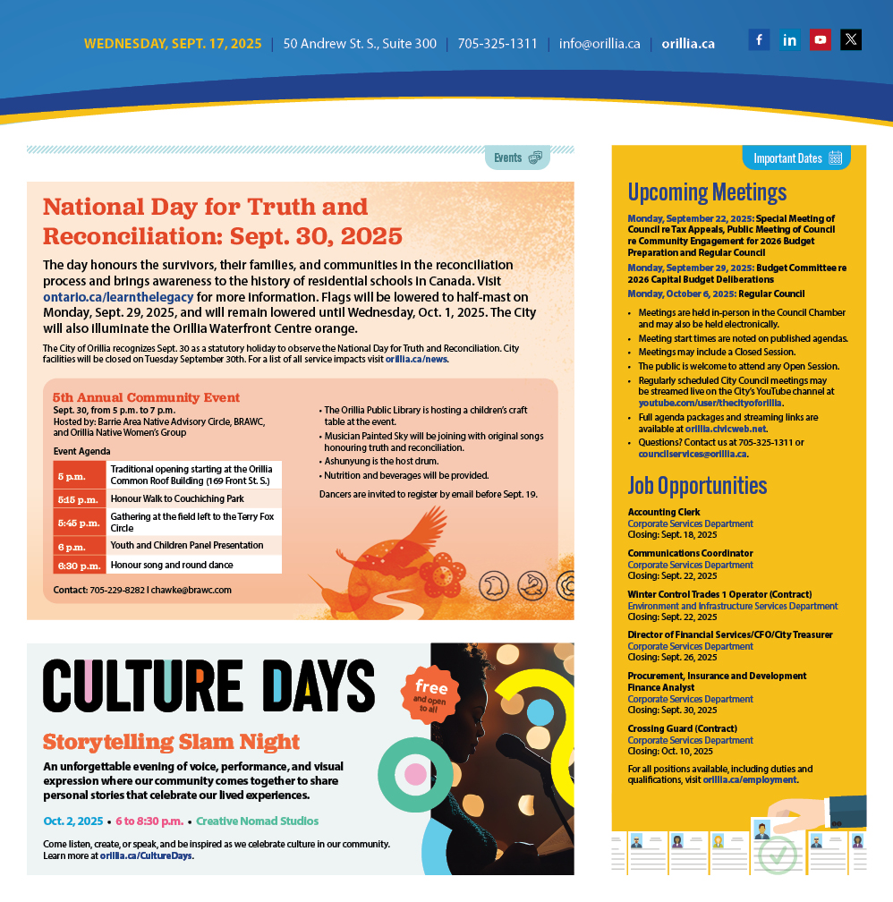 📣📰Stay up to date on important City of #Orillia information with the Weekly Bulletin. Check out the Sept. 17, 2025, edition on our website at  orillia.ca/communications. You can sign up to receive the Weekly Bulletin right to your mailbox 📧 at orillia.ca/subscribe.