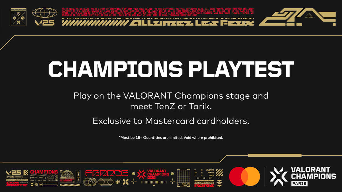 MastercardGG's tweet photo. Ever wanted your chance to play @VALORANT against @TenZOfficial or @tarik? Mastercard cardholders now have the chance!

Mastercard is offering you an epic opportunity to join the action at #VALORANTChampions! The winning bidder will get to play on stage with their favorite creator, along with 3 of their friends. The package also includes four seats for Finals! Step onto the VALORANT Champions stage and show off your skills. #PricelessExperience

Learn more here:  https://t.co/jd7uLUmAFn

*Must be 18+ Quantities are limited. Void where prohibited. Additional Terms & Conditions Apply