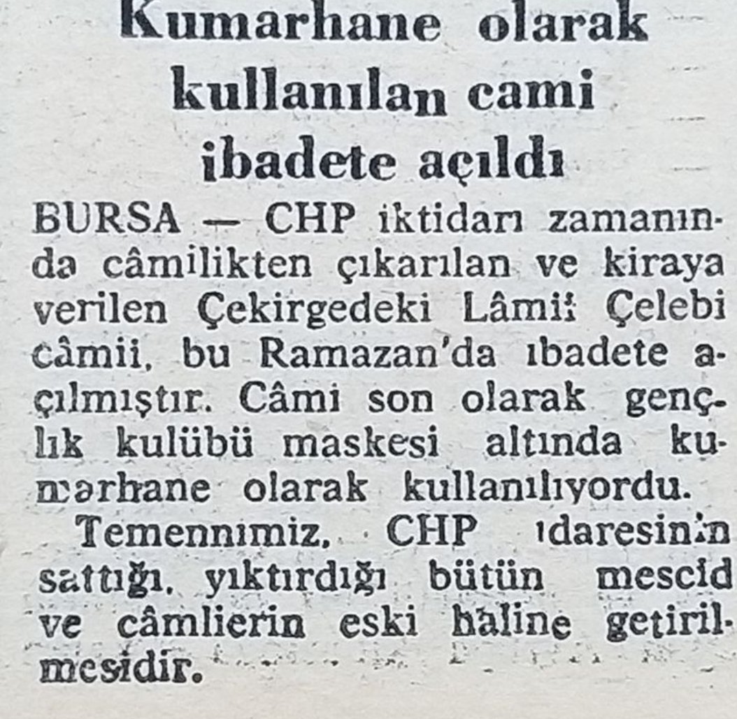 > 🕌 Bursa’daki Lami Çelebi Camii, CHP iktidarı döneminde camilikten çıkarılıp kiraya verilmiş, bir süre gençlik kulübü maskesi altında kumarhane olarak kullanılmıştı.

#KalbimizSumud Tarih Sedat Peker Hasan Mutlu