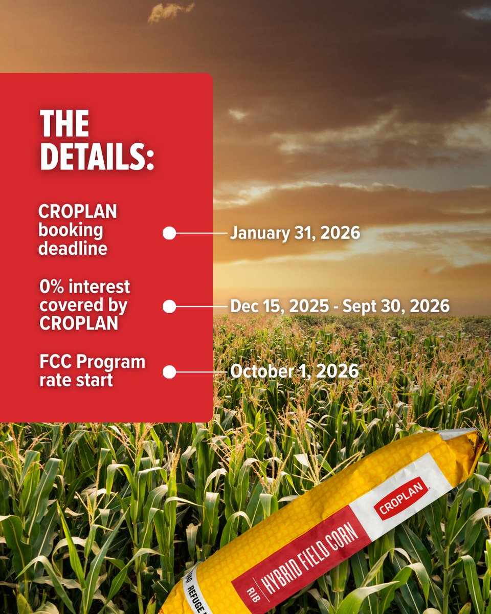 We’ve teamed up with @fccagriculture to bring you a stress-free way to secure your 2026 CROPLAN® corn seed.

📅 Book by January 31, 2026 
💰 Enjoy 0% interest from December 15, 2025 to September 30, 2026 
📈 FCC program rates begin October 1, 2026
