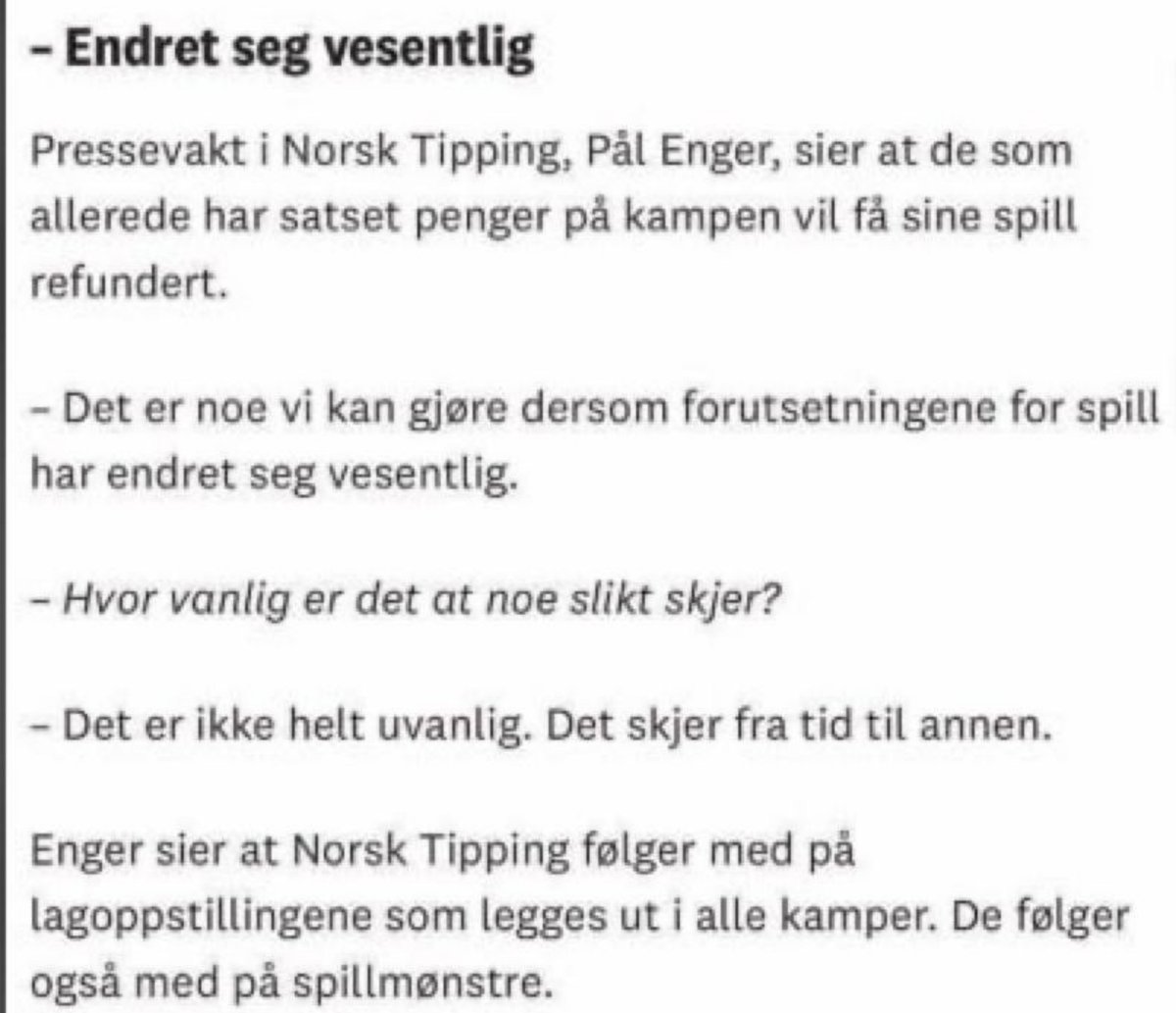 Gode spill på Tromsdalen? 

Ikke noe problem - Tippemonopolet kan voide alle spill, akkurat som de vil, må jo passe på at bunnlinja holder til å betale bøter. 

nordlys.no/suspenderte-al…
