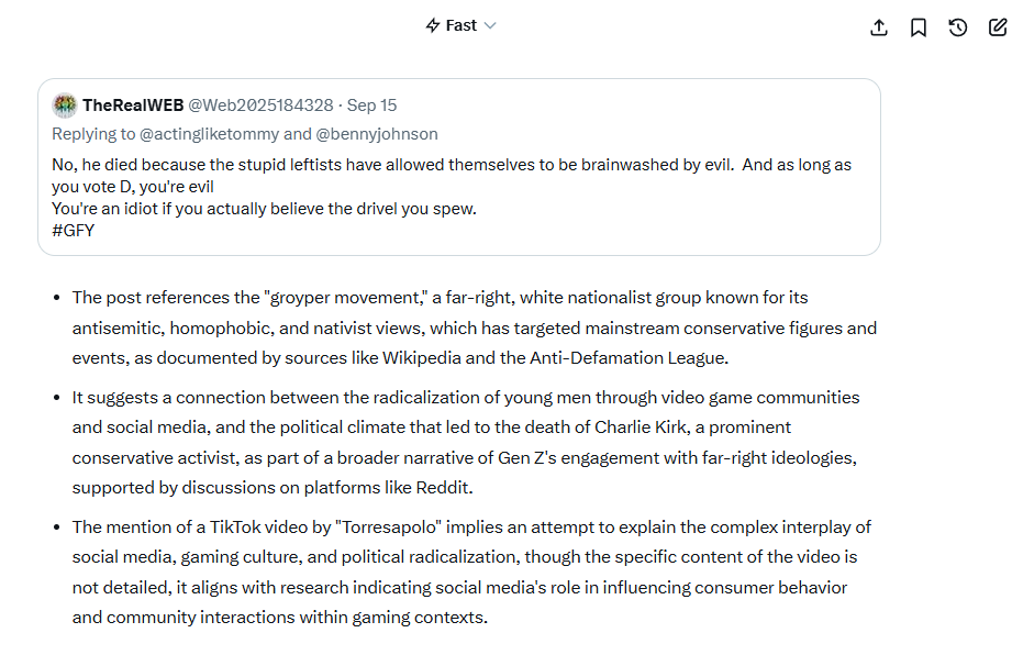 WistStar's tweet photo. @Web2025184328 @actingliketommy @bennyjohnson your post broken down by crusty Elon's grok on twitter. Try harder I guess or an hero yourself too its all good to me. https://t.co/wHG3ZMJcK9