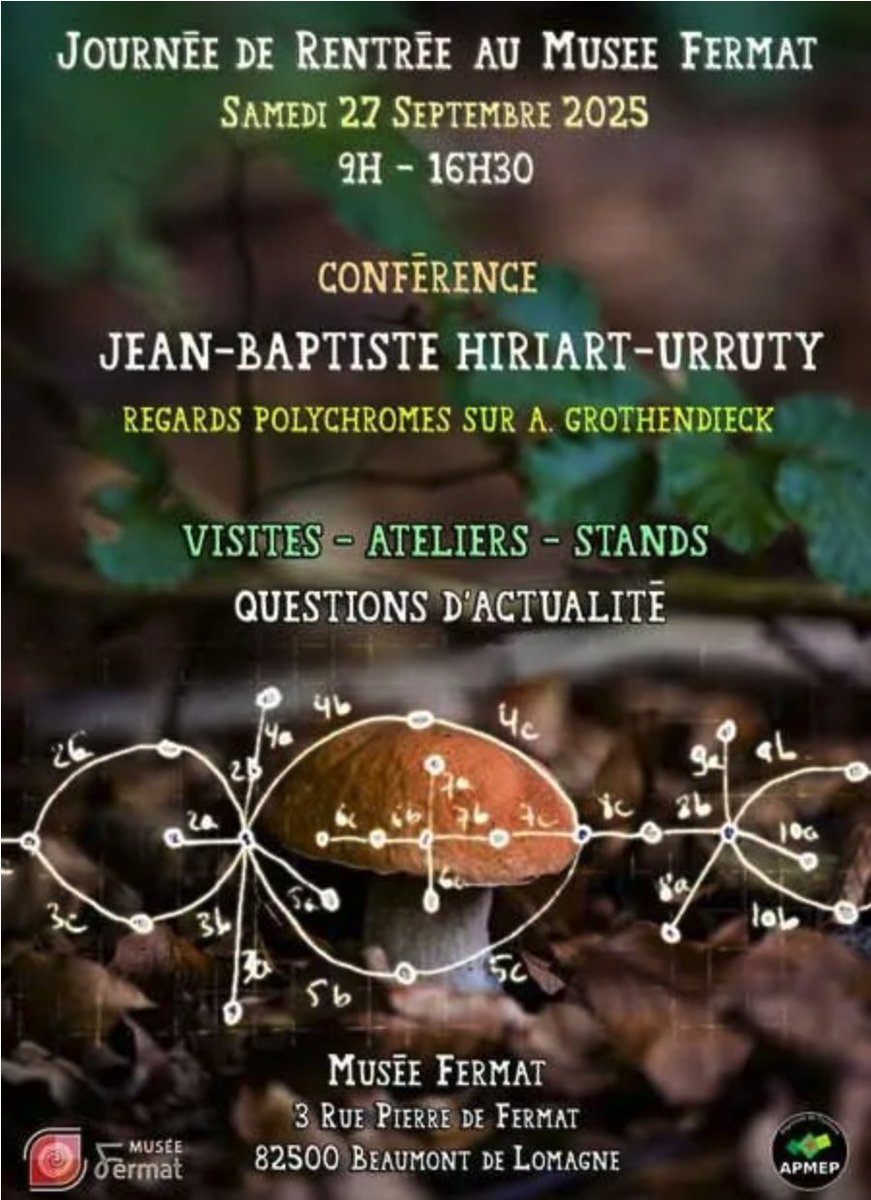 📆 Journées de rentrée 2025 de l'<a href="/ApmepToulouse/">APMEP Toulouse</a> 
au Musée Fermat <a href="/fermat_science/">Fermat Science</a> 
🎙️Conférence de J-B Hiriart-Urruty sur A. Grothendieck et son travail puis discussion autour de l'#IA
🚶‍♀️Visite du Musée
☕️Temps conviviaux
✒️Stands
Un joli moment de partage
apmep-toulouse.eu/journee-de-ren…