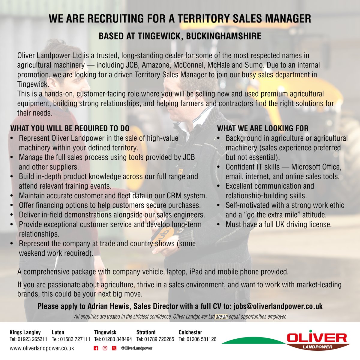 OliverLandpower's tweet image. 🚜 We’re hiring a Territory Sales Manager in Tingewick! Join Oliver Landpower &amp;amp; sell top agri brands like JCB &amp;amp; McHale. Vehicle, laptop &amp;amp; training provided. Apply now: jobs@oliverlandpower.co.uk
 #AgricultureJobs #SalesManager #NowHiring