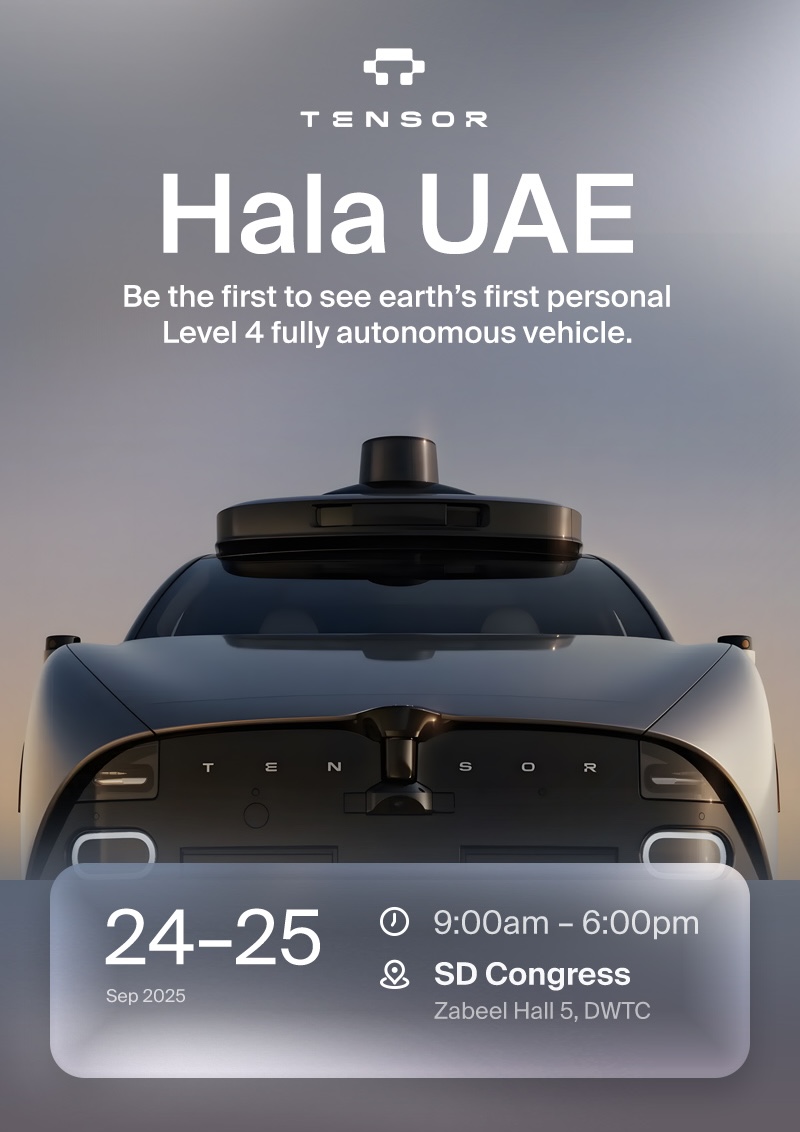 TensorAuto's tweet image. We&apos;re thrilled to announce the Tensor Robocar, the world&apos;s first personally owned autonomous vehicle, is debuting in Dubai. Come see us at the @SdcDubai  Dubai World Congress for Self-Driving Transport 2025! #OwnYourAutonomy #Tensor #Dubai #UAE #AutonomousDriving