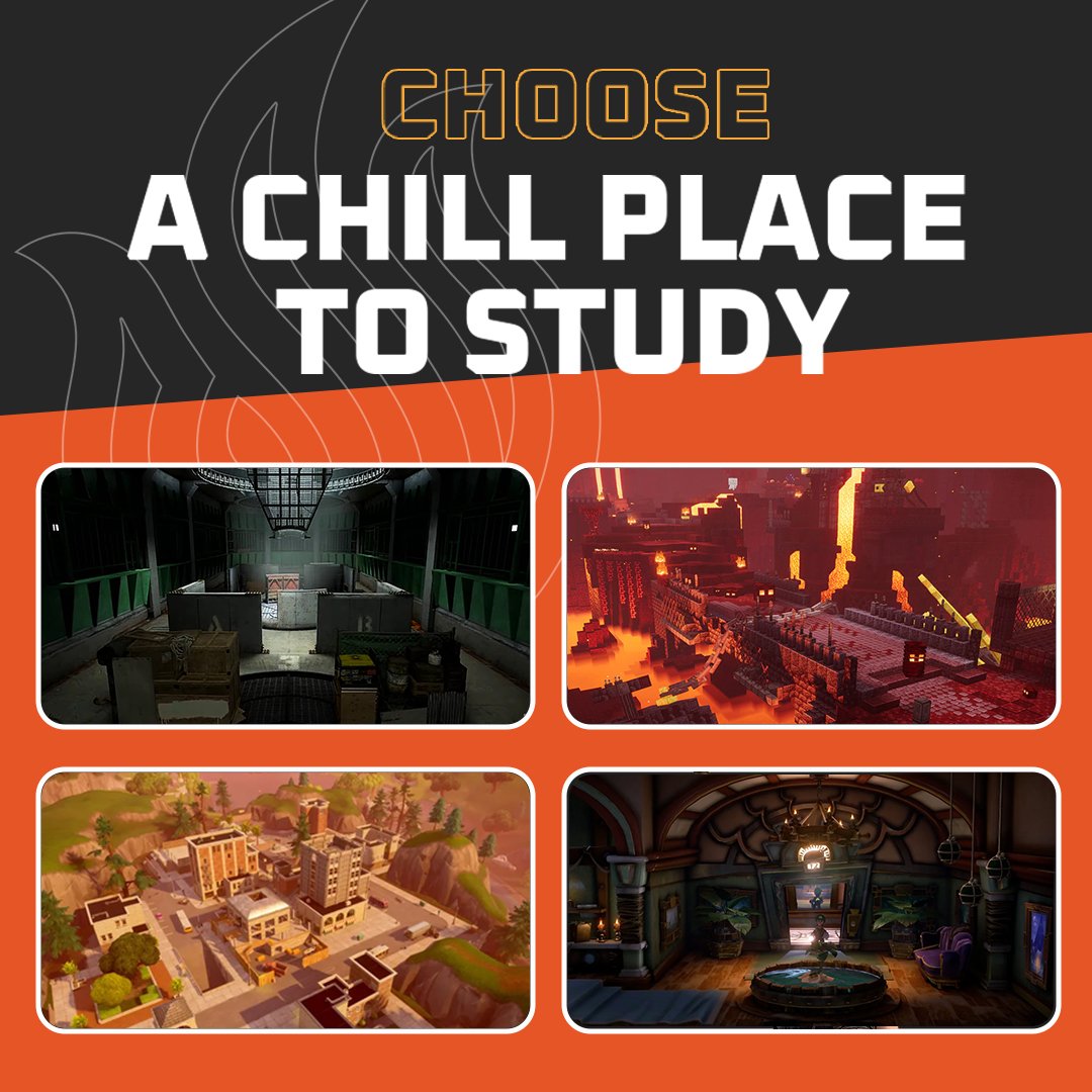 📚 You need a chill place to study… but these are your only options 😅  Where are you setting up? 👇 

🛠️ The Gulag (Call of Duty)
🔥 The Nether (Minecraft)
🏙️ Tilted Towers (Fortnite)
👻 Luigi’s Haunted Mansion