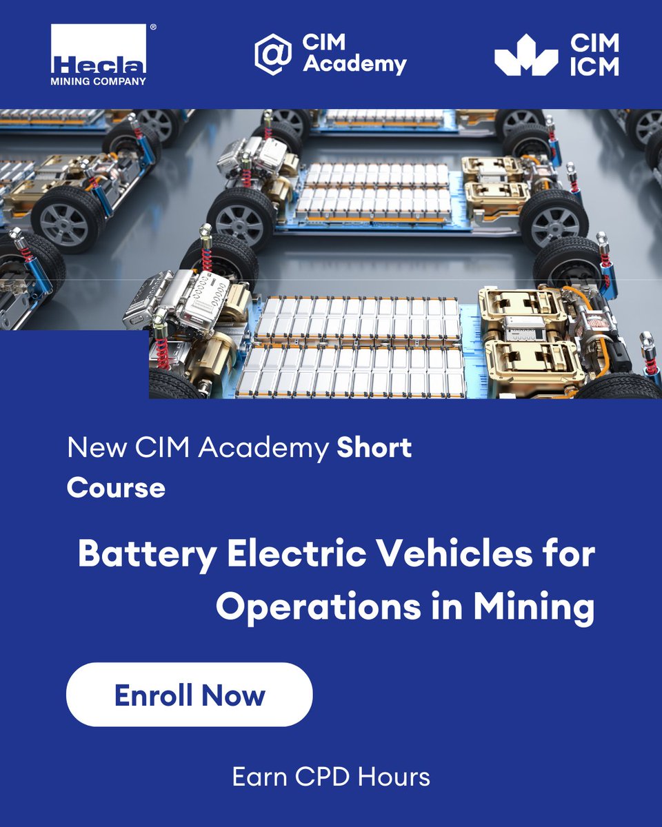 CIM_ICM's tweet image. 🚀 New from CIM Academy. Learn how BEVs are reshaping mining operations for safer, cleaner, more efficient results.

Register today: academy.cim.org/cim/2025/Batte…

On-demand | 7 modules | CPD Certificate - start now.

#CIMacademy #BEV #MiningOperations