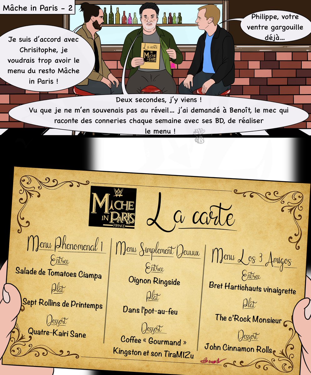 RedZombenRacing's tweet image. La semaine dernière, @PhilippeChereau révélait qu’il avait ouvert un resto WWE à Paris, dans un rêve.
Sous la pression de @CAgiusILD et @NadirMohammedi_, il n’a eu d’autre choix que de leur fournir le menu. 

Et vous, vous choisiriez lequel ? 😋 
À ce soir pour #WWERaw  ! #ABWWE