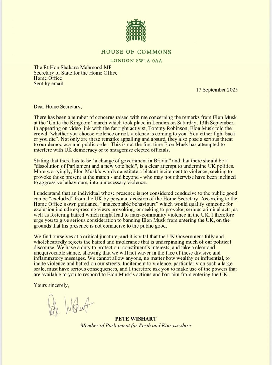 My letter to the Home Secretary on Musk's incitement at Tommy Robinson's far right rally. He is a malign influence on our politics and she has it within her gift to ban him from entry to the UK. She should use it. Again closing this down to the Musk bots, Robinson fans &amp; MAGAs