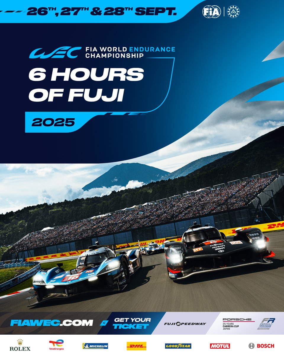 FIA World Endurance Championship (@fiawec) on Twitter photo It's time for us to return to Japan ๐ฏ๐ต
Next week, Round 7๏ธโฃ of the FIA World Endurance Championship will launch at the esteemed Fuji Speedway, with three days of epic endurance racing.
Tickets available here:
en.fujimotorsportsforest.jp/motorsports/tiโฆ ๐๏ธ
#WEC #6HFuji #WEC100 It's time for us to return to Japan ๐ฏ๐ต
Next week, Round 7๏ธโฃ of the FIA World Endurance Championship will launch at the esteemed Fuji Speedway, with three days of epic endurance racing.
Tickets available here:
en.fujimotorsportsforest.jp/motorsports/tiโฆ ๐๏ธ
#WEC #6HFuji #WEC100