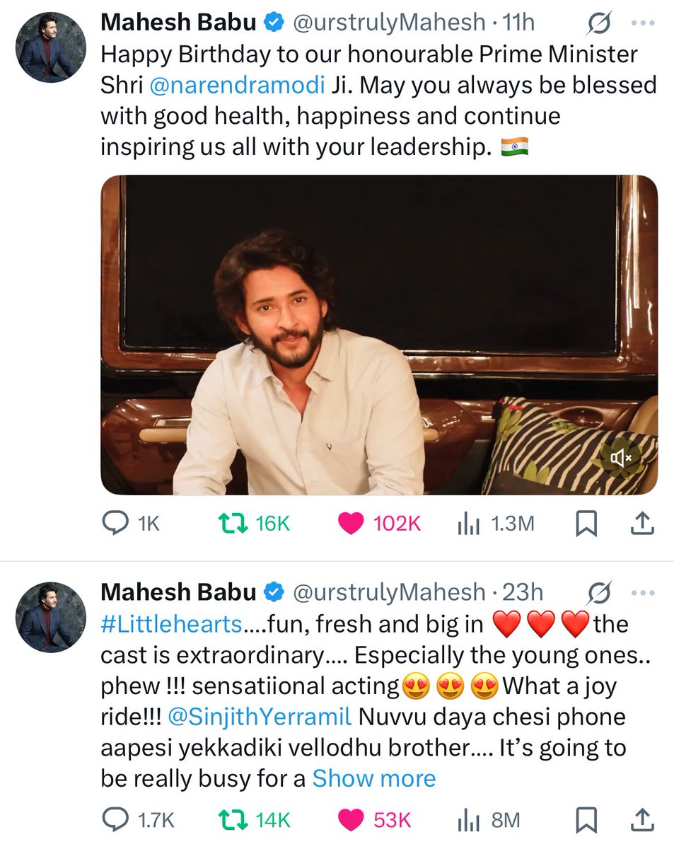 VardhanDHFM (@_vardhandhfm_) on Twitter photo Last 24 hours <a href="/urstrulyMahesh/">Mahesh Babu</a> profile saw one of its peak 🔥🔥
#LittleHearts tweet - 8M+ impressions
#NarendraModi tweet - 100K+ likes
noveMBer lo untadhi asalaina 🌋
#MaheshBabu | #GlobeTrotter Last 24 hours <a href="/urstrulyMahesh/">Mahesh Babu</a> profile saw one of its peak 🔥🔥
#LittleHearts tweet - 8M+ impressions
#NarendraModi tweet - 100K+ likes
noveMBer lo untadhi asalaina 🌋
#MaheshBabu | #GlobeTrotter