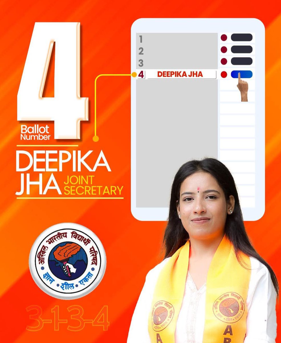 manish107msh's tweet image. DU के प्रिय छात्रों अपना बहुमूल्य मतदान का प्रयोग कर छात्रों के सर्वांगीण विकास एवं चुनौतियां को दूर करने के लिए लगातार संयम एवं समन्वय से संघर्ष करने वाली मजबूत छात्र संगठन ABVP के चारों उम्मीदवारों (Ballot no -3-1-3-4) को भारी मतों से विजय दिलाएं।
@abhishektandonD