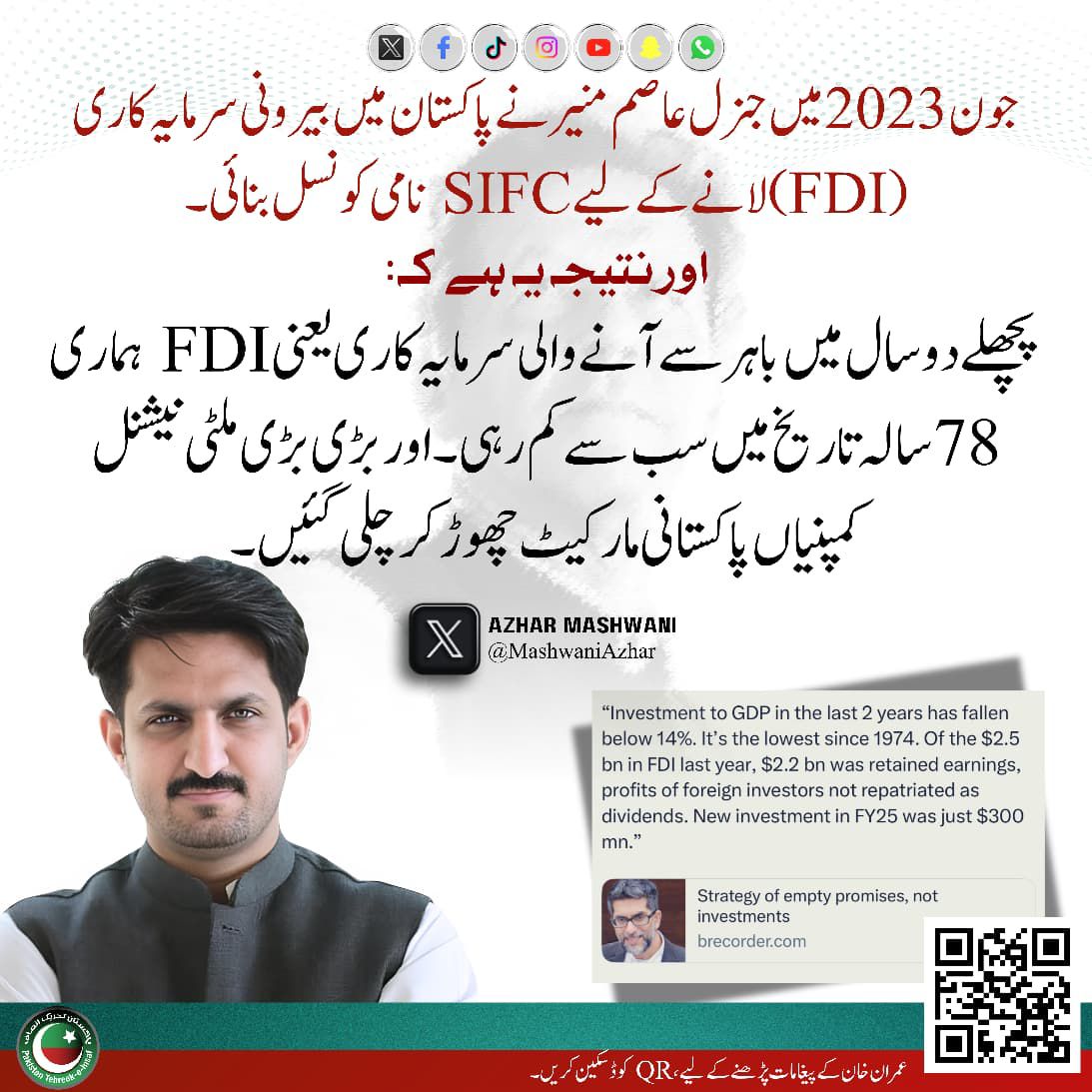 جون 2023 میں بڑے زور و شور سے SIFC بنایا گیا کہ پاکستان میں غیر ملکی سرمایہ کاری لائی جائے گی۔ حقیقت یہ نکلی کہ 78 سالہ تاریخ کی سب سے کم FDI ریکارڈ کروا دی 😏۔ کمپنیاں آ رہی تھیں نہیں، جو بیچاری پہلے سے تھیں وہ بھی بھاگ گئیں۔
#ImranKhanMustBeFreed