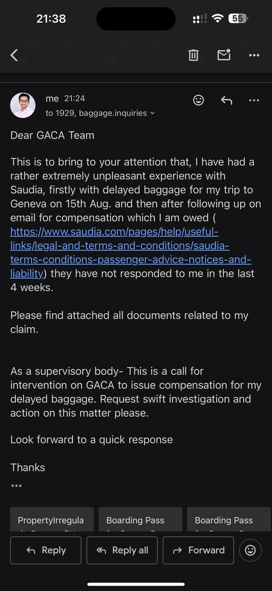 sauravbasu30's tweet photo. @GACACare @ksagaca I have had a horrible experience with @Saudi_Airlines on compensation for delayed baggage, I have mailed Saudia without any response for 4 weeks. Escalated on email. Please look into this on priority! This is extremely unprofessional from Saudia. #Saudia https://t.co/6uOKpWRbl0
