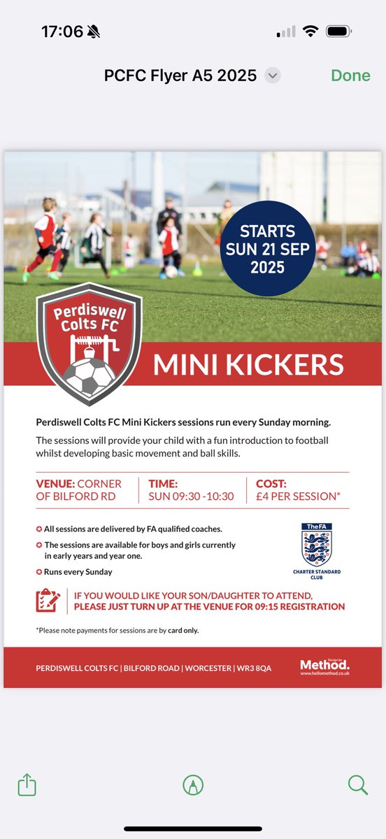 PerdiswellColts's tweet photo. Mini Kickers restarts this Sunday 9:30am to 10:30am.  Please turn up for 9:15am to register.  Year 1 &amp; Reception Children only. https://t.co/yA3eZdVg8e