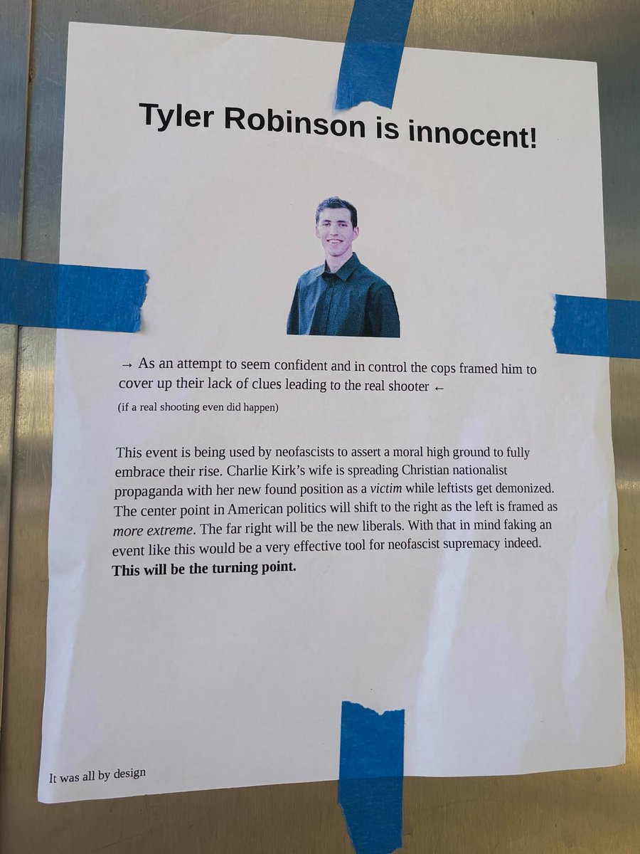 Seen on the Trax Station at the University of Utah. <a href="/UUtah/">University of Utah</a> TAKE THIS DOWN IMMEDIATELY.

"Tyler Robinson is innocent"

"This event is being used by neofascists"

"It was all by design"

"Charlie Kirk's wife is spreading Christian nationalist propaganda"

Erika, and the world saw