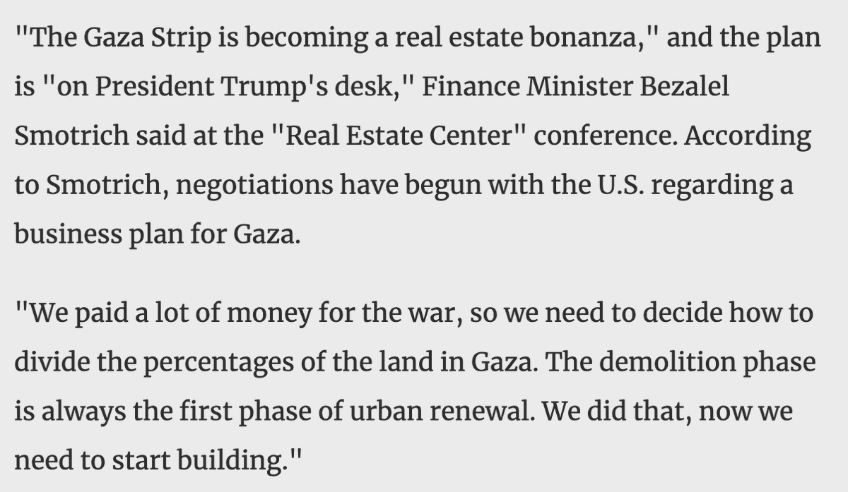 pmarsupia's tweet image. Smotrich, ministro de Hacienda de Israel:

👉🏽 "Gaza va a ser un boom inmobiliario".

👉🏽 "La guerra nos ha salido muy cara. Ahora tenemos que decidir con EEUU cómo repartirnos el dinero".

👉🏽"Antes de urbanizar, hay siempre que demoler".

Celebrando en público un crimen de guerra