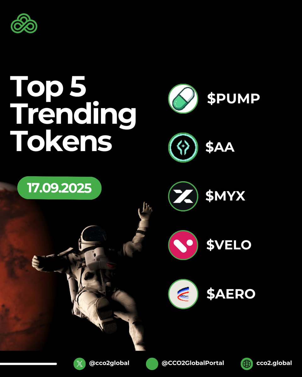 CCO2Global's tweet image. Here are the Top 5 Trending Tokens for today 🚀🔥

🟢 Pump.fun - $PUMP
🟢 Alav - $AA
🟢 MYX Finance- $MYX
🟢 Velo- $VELO
🟢 Aerodrome Finance- $AERO

Which one are you keeping an eye on? Let us know in the comments below! 👇

#cco2 #sustainability #carboncapture