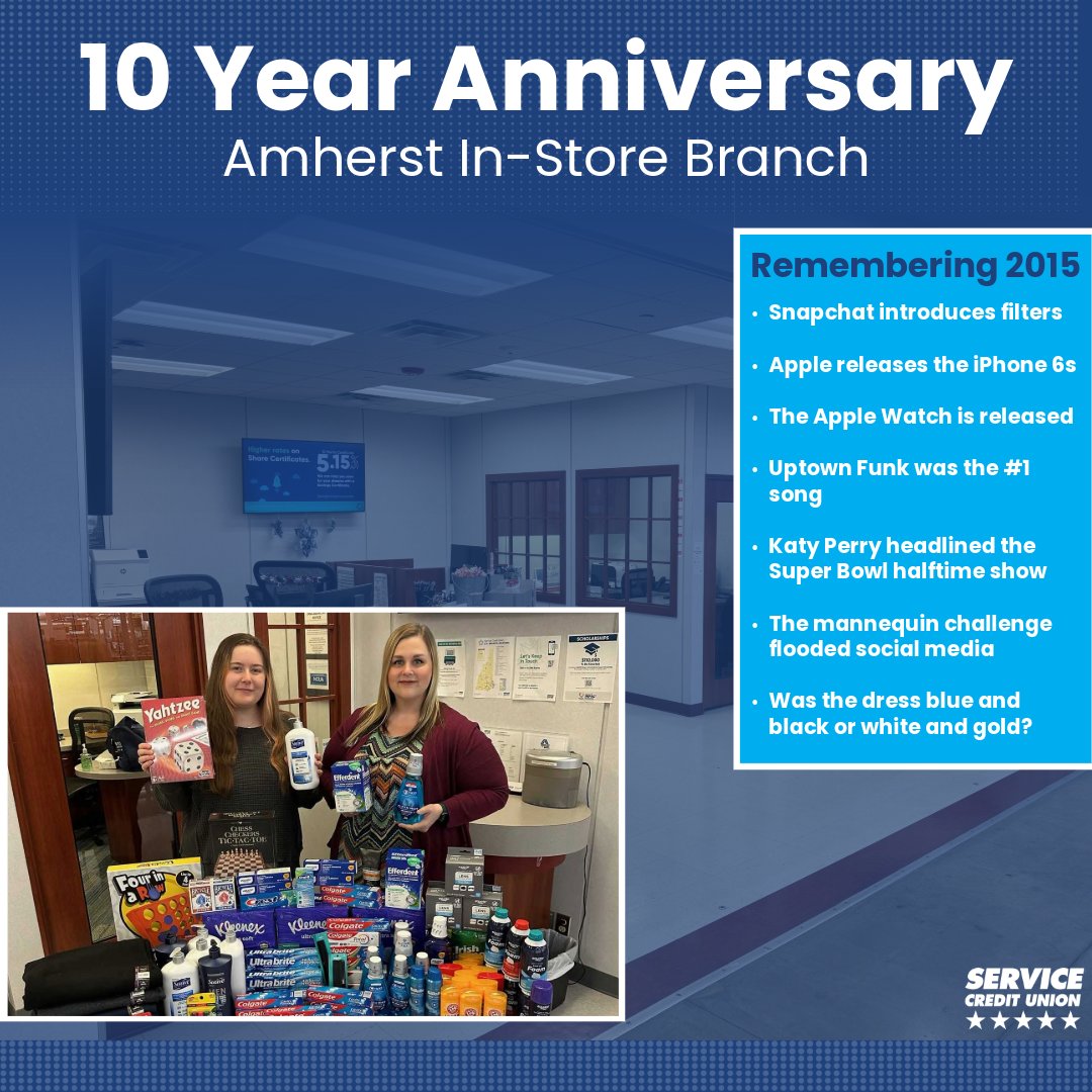 🥳 Please join us in celebrating our Amherst branch's 10 year anniversary! 

🤝 We are proud to continue to serve the Amherst community since 2015. 

🤔 Speaking of 2015, what was your favorite memory from that year?