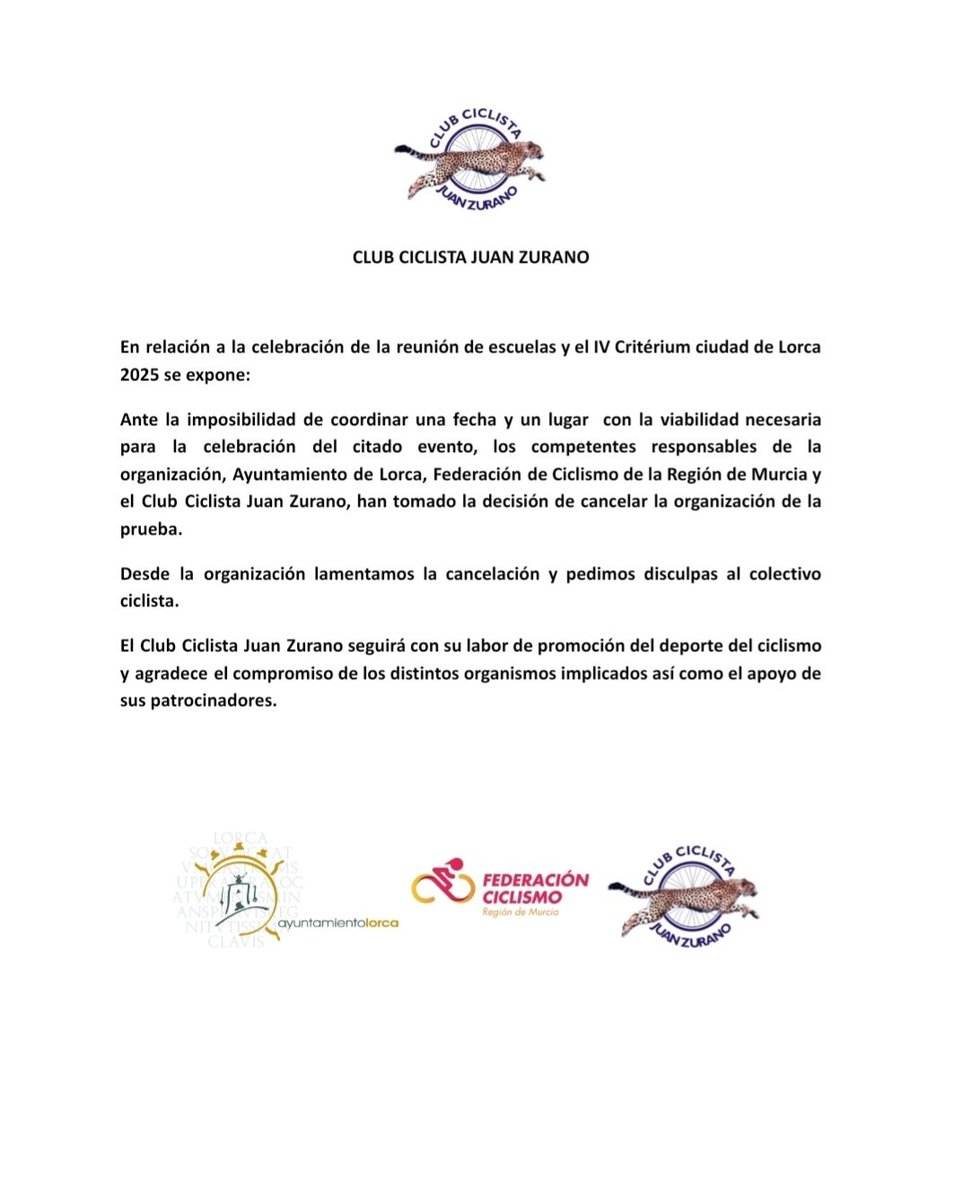 Cancelado el IV Critérium Ciudad de Lorca, junto a la prueba de escuelas 🗞

#Murciaciclismo #CiclismoRegiondeMurcia