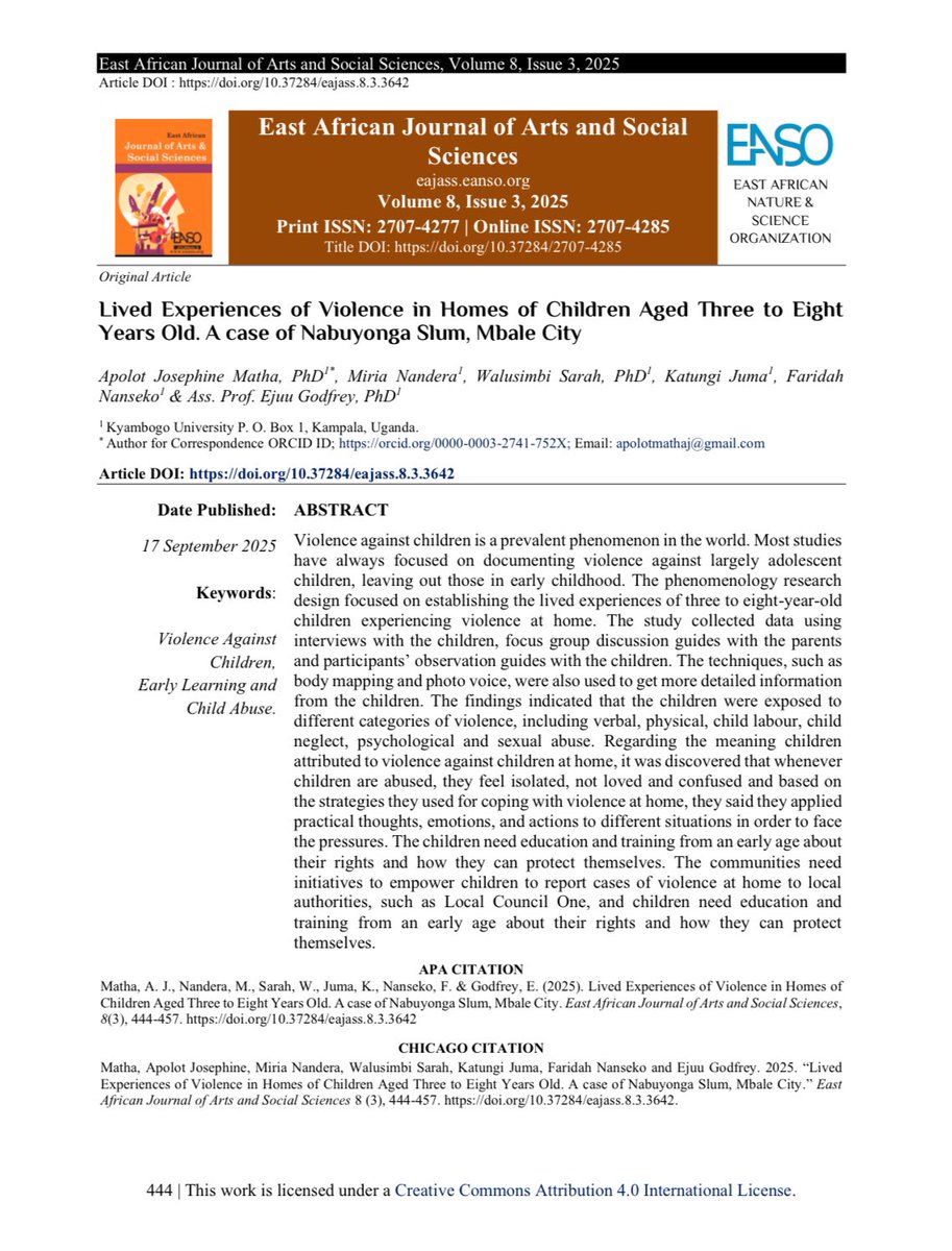 Congratulations to our Kyambogo University team 👏! As part of the Interuniversity Training Programme Cohort 2 on child-focused research, they have published findings from their seed grant study, showing their dedication and innovation in advancing research for children’s