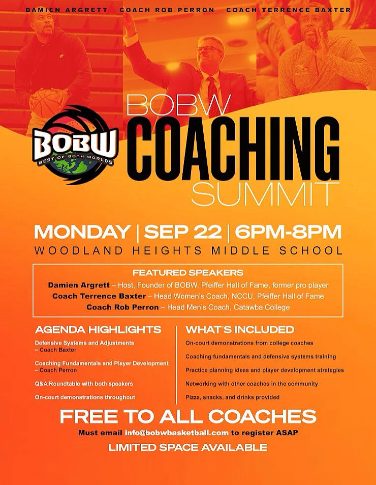 BobwElite's tweet photo. 📢 BOBW Coaching Summit
Mon, Sept 22 | 6–8 PM
Woodland Heights MS | Free (60 spots)

Hear from college coaches + BOBW founder. On-court demos, strategies, networking, food.

Register 👉 https://t.co/vOXKPUJDxE…

#bobwbasketballservices https://t.co/D5P8E4m3DP