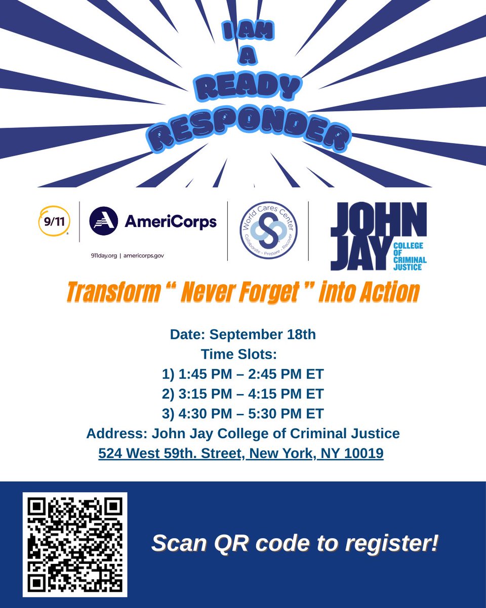 John Jay College students: Join the "I Am Ready Responder" training sessions TOMORROW! Get a free T-shirt &amp; connect with volunteers. RSVP: ow.ly/yQMN50WVuP9 Learn more: worldcares.org/rr-9-11-initia… #ReadyResponder #911Day