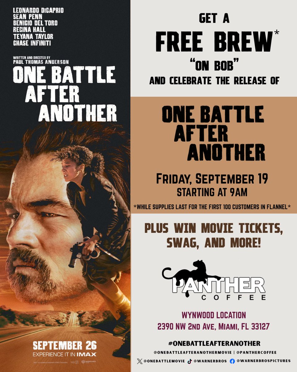 Join us for “Flannel Friday” at our Wynwood location on September 19th! 
Come celebrate the upcoming release of Warner Bros.’ ONE BATTLE AFTER ANOTHER with a morning full of beanies, brews, and Bob-core style! #OneBattleAfterAnother