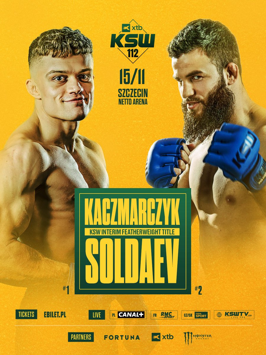 KSW (@ksw_mma) on Twitter photo 🏆 For The Interim Featherweight Title 🏆
<a href="/kaczmarczykmma/">Patryk Kaczmarczyk</a> 🇵🇱 vs. <a href="/SoldaevMMA/">Adam Soldaev</a> 🇵🇱
Tickets for XTB #KSW112 on sale 🎟️ <a href="/eBiletPL/">eBilet</a> 🏆 For The Interim Featherweight Title 🏆
<a href="/kaczmarczykmma/">Patryk Kaczmarczyk</a> 🇵🇱 vs. <a href="/SoldaevMMA/">Adam Soldaev</a> 🇵🇱
Tickets for XTB #KSW112 on sale 🎟️ <a href="/eBiletPL/">eBilet</a>