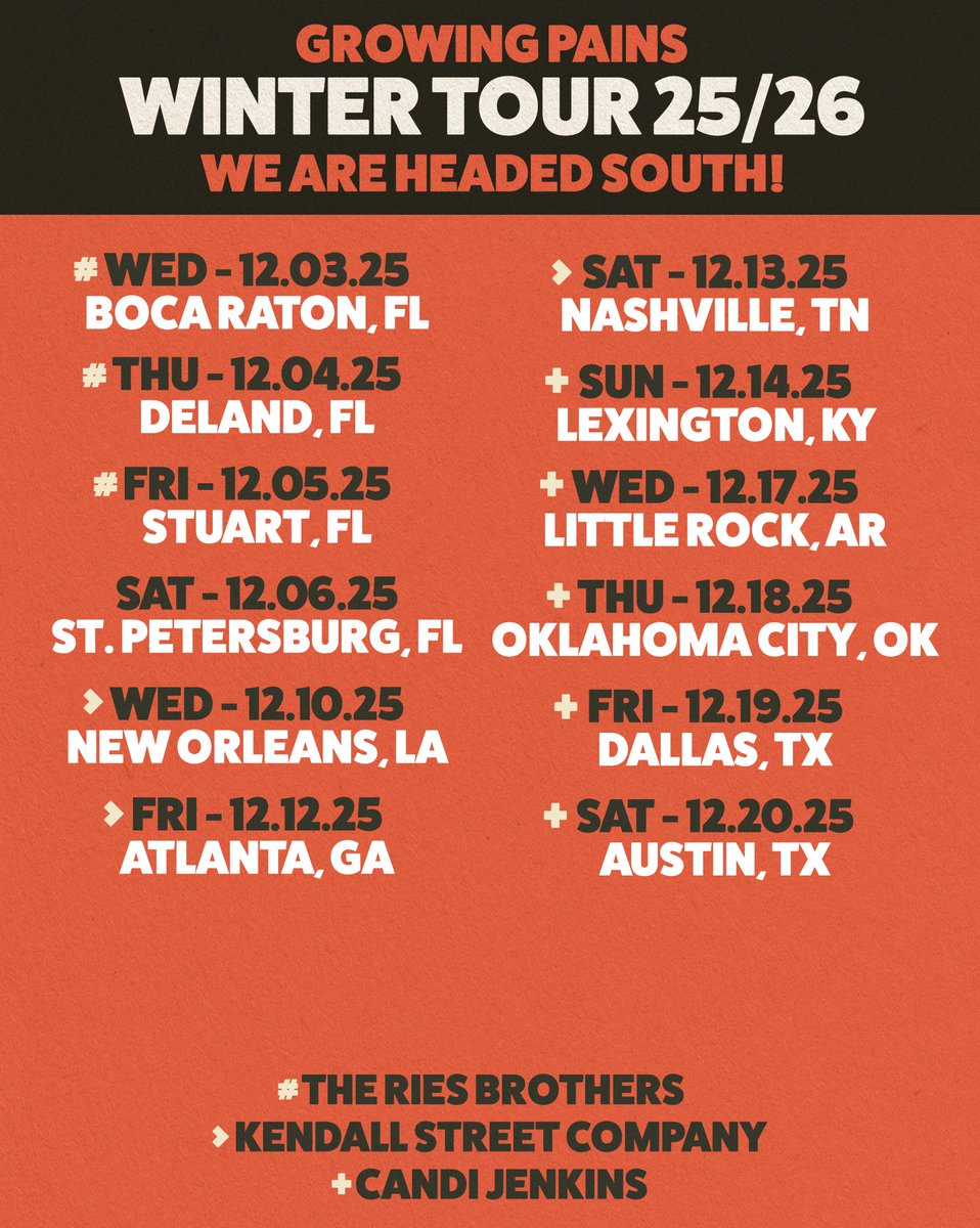 andyfrasco's tweet image. Just Announced.. the Growing Pains Tour continues, now heading South AND West! Check out the new dates below 💜 

Presale kicks off tomorrow at 10am local, sign up here to receive the code: andyfrasco.com/tour

Support from The Ries Brothers, Kendall Street Company, Candi…