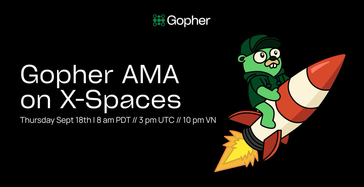 Meet Gopher: Community AMA 👋
LIVE on X-Spaces 🎙️

Unearth the truth layer for the AI economy ⛓️⚡
 → What Gopher is &amp; how it works
→ $MASA ➡️ $GOAI

👥 With <a href="/BrendanPlayford/">brendan</a> + <a href="/AmateoRa/">Amateo Ra</a> 
 🗓️ Sept 18th  8am PT // 3pm UTC  // 10 pm VN

🔔 Set a reminder 
x.com/i/spaces/1lPKq…