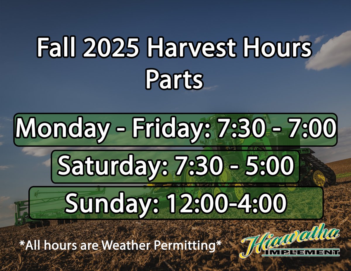 We're extending our hours to ensure you have everything you need to make harvest run as smoothly as possible. Call or text our expert connect parts lines with anything you need and we will have it ready as soon as possible! Happy Harvest!