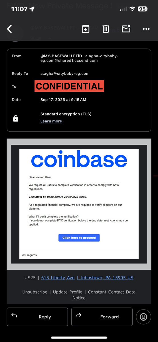 Justin777Robles's tweet photo. @CoinbaseSupport  @coinbase  ⚠️ I Received this shady email requesting all users to login through the provided link to verify their account status in order to be in compliance with KYC regulations. Please be advised! #Phishing #Scam #CyberSecurity @FTC @SECGov @CoinbaseMarkets https://t.co/opmCbITN8S