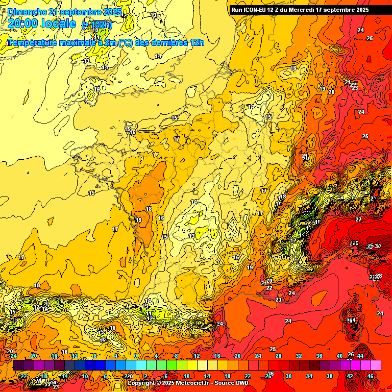 Températures maximales prévues vendredi 🆚 températures maximales prévues dimanche.
Jusqu'à près de 35°C attendus vendredi dans le Sud-Ouest et plus de 30°C dans les régions centrales, 48 h plus tard, il ne fera qu'au maximum 15/16°C sur ces régions sous la pluie !