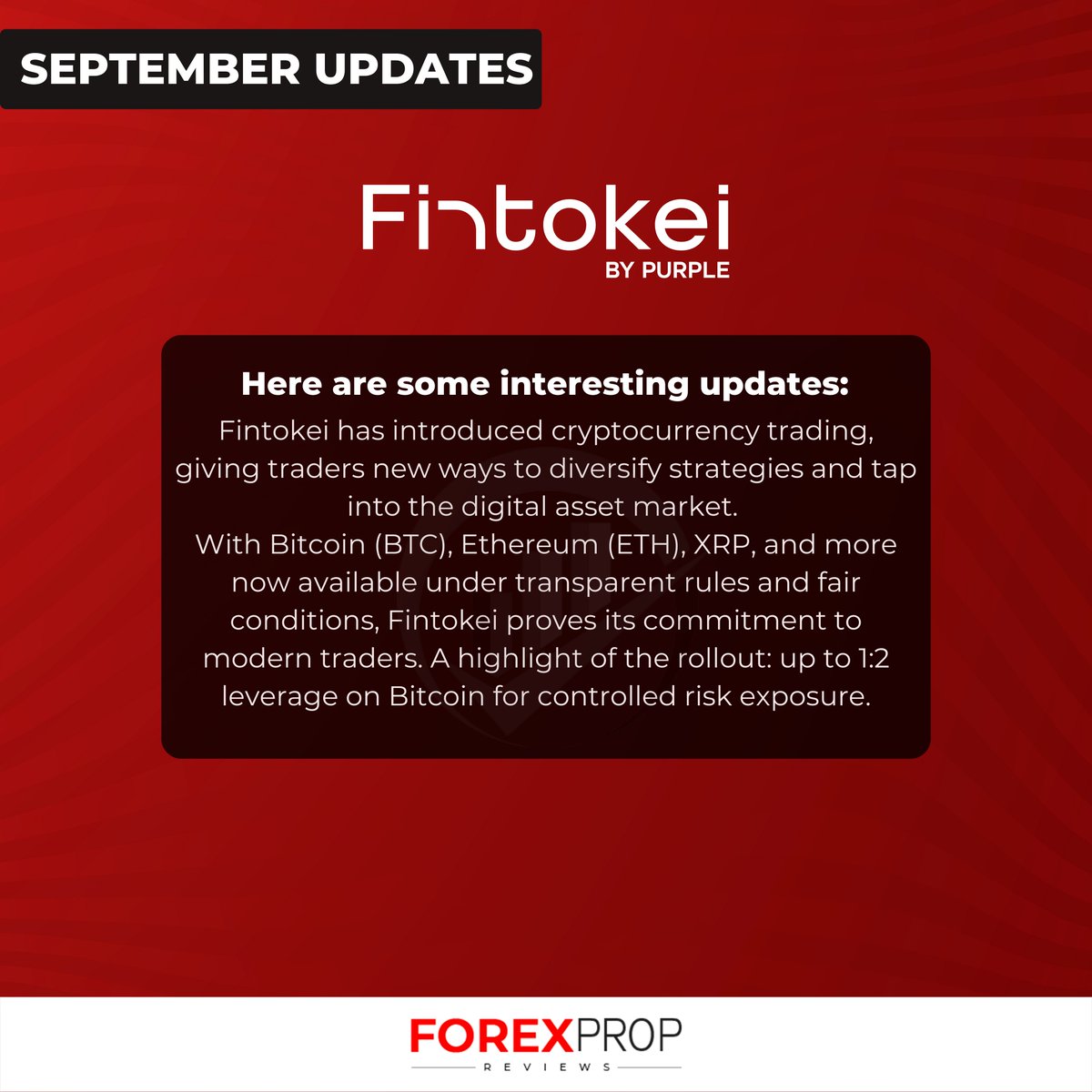 🌟 Fintokei launches crypto trading! 🚀
Diversify with BTC, ETH, XRP &amp; more under fair rules. 📊
Up to 1:2 leverage on Bitcoin = more freedom for traders. 💼
#Fintokei #CryptoTrading #SmartTrading #DigitalAssets