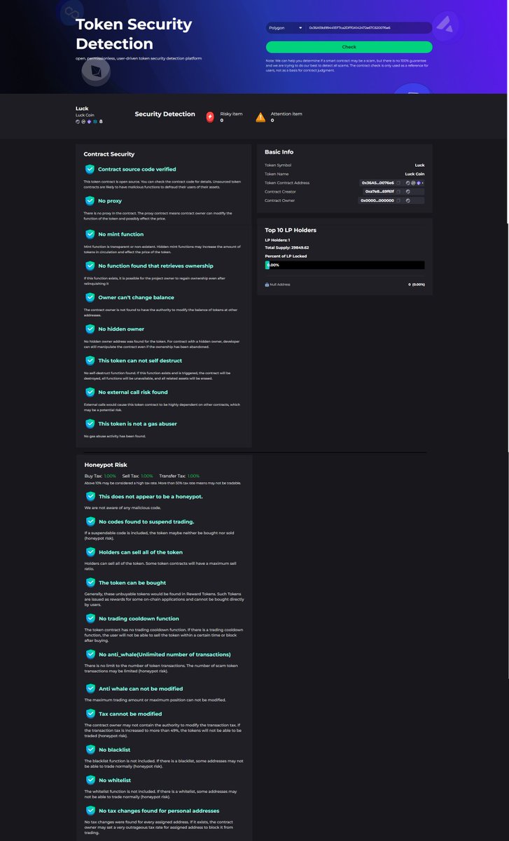 LuckCoinToken's tweet photo. 🚨 Security Check Passed! 🚨

Luck Coin ($LUCK) has been fully verified by GoPlus Security ✅
✔️ No honeypot
✔️ No blacklist / whitelist
✔️ No hidden owner
✔️ All safe functions confirmed
Transparency = Trust 🔒
👉 Trade now on QuickSwap 
#Polygon #CryptoSecurity #MemeCoin https://t.co/iMG6VtwaWb