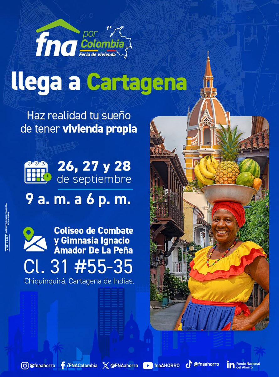 ¡De sueño a dueño! Ven a la Feria de Vivienda del FNA y accede a financiación de vivienda nueva o usada hasta el 90%, subsidios y  proyectos inmobiliarios. Del 26 al 28 de septiembre, en el Coliseo de Combate de Cartagena. Regístrate forms.cloud.microsoft/r/PtSCARykfm