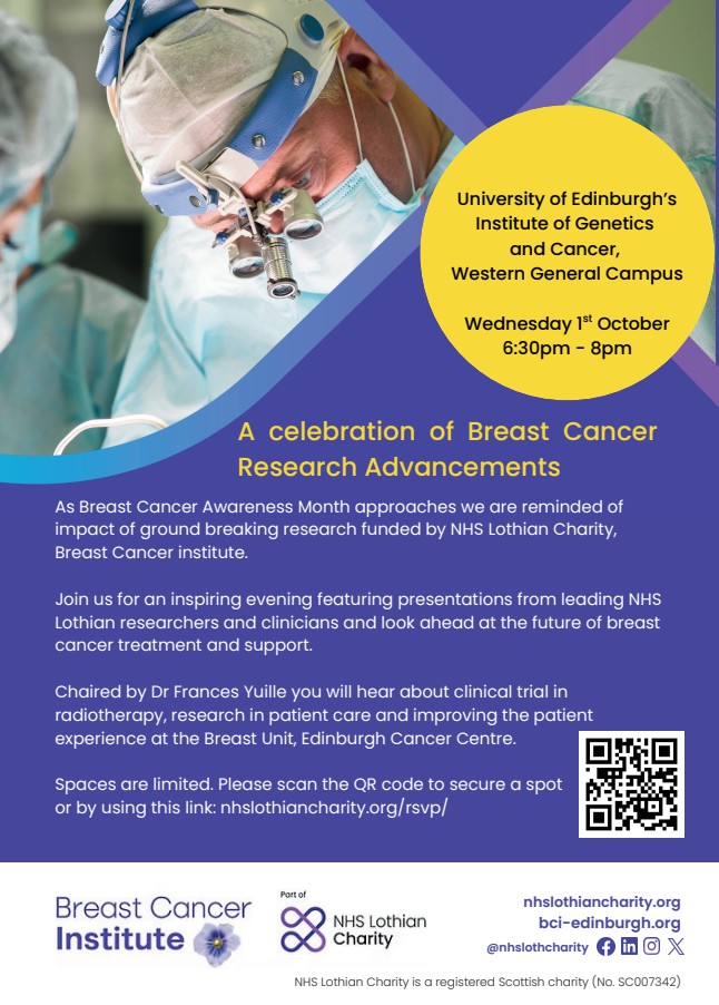 Institute of Genetics and Cancer (@edinuni_igc) on Twitter photo As #BreastCancerAwarenessMonth approaches, the <a href="/NHS_Lothian/">NHS Lothian</a> charity <a href="/BCI_Edinburgh/">The Breast Cancer Institute Edinburgh</a> is holding a special event at #IGC on 1 October to celebrate the advancements in breast cancer research and care made possible by donations. Book your spot 👉 nhslothiancharity.org/rsvp/ As #BreastCancerAwarenessMonth approaches, the <a href="/NHS_Lothian/">NHS Lothian</a> charity <a href="/BCI_Edinburgh/">The Breast Cancer Institute Edinburgh</a> is holding a special event at #IGC on 1 October to celebrate the advancements in breast cancer research and care made possible by donations. Book your spot 👉 nhslothiancharity.org/rsvp/