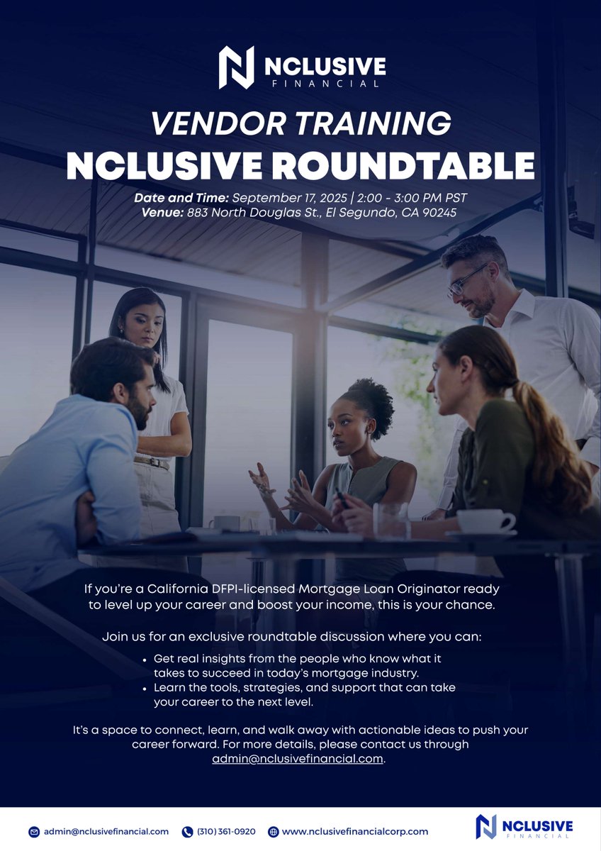 nclusiveloans's tweet image. Don’t miss our Vendor Training – Nclusive Roundtable

🕑 2:00 PM – 3:00 PM PST
📍 883 N Douglas St., El Segundo, CA 90245

Be there and be part of the conversation that drives success!

#VendorTraining #NclusiveRoundtable #ElSegundoEvents #NetworkingEvent #BusinessSuccess