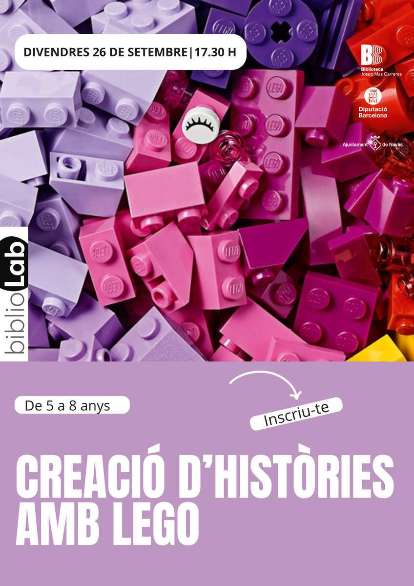 BibliotecaNavas's tweet image. Bibliolab a la biblioteca!
👉 Si tens entre 5 i 8 anys i t'agrada inventar històries amb peces de Lego ... aquest és el teu taller!

Una manera divertida de millorar la creativitat, la lectura i l'escriptura .
#bibliotequesXBM #Ajuntamentavas #BiblioLabXBM