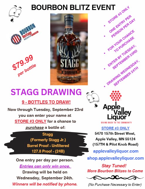 WE ARE OUT OF CONTROL!!!
Here we go again! In continuing our celebration of "National Bourbon Heritage Month", we have 9 total bottles of Stagg (formerly Stagg Jr.) Batch 24B, unfiltered - Barrel Proof (127.8 proof)
GOOD LUCK!