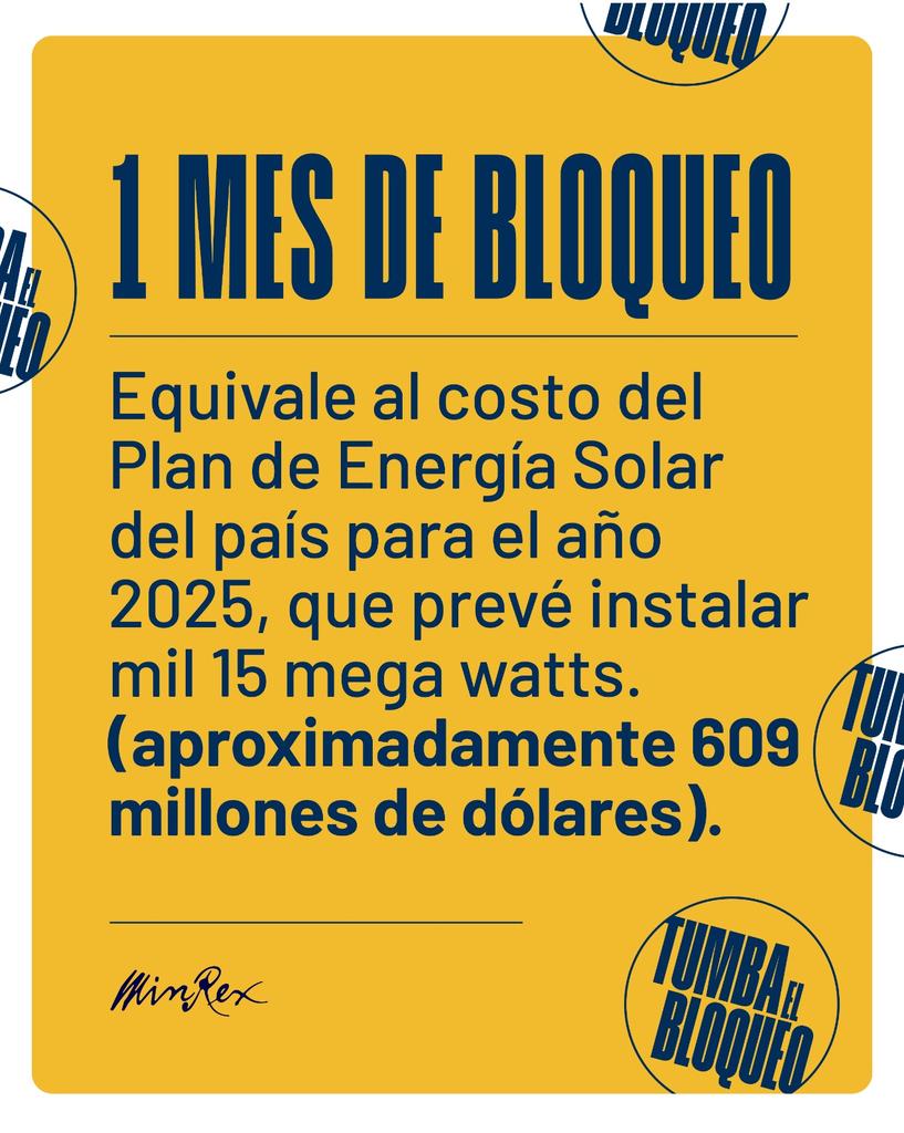 Cuba Vs Bloqueo (@cubavsbloqueo) on Twitter photo El bloqueo paraliza el desarrollo energético nacional. Frena proyectos renovables, genera apagones y afecta a cada hogar cubano. Exigimos el fin inmediato de esta medida que asfixia a nuestro pueblo.
#TumbaElBloqueo El bloqueo paraliza el desarrollo energético nacional. Frena proyectos renovables, genera apagones y afecta a cada hogar cubano. Exigimos el fin inmediato de esta medida que asfixia a nuestro pueblo.
#TumbaElBloqueo