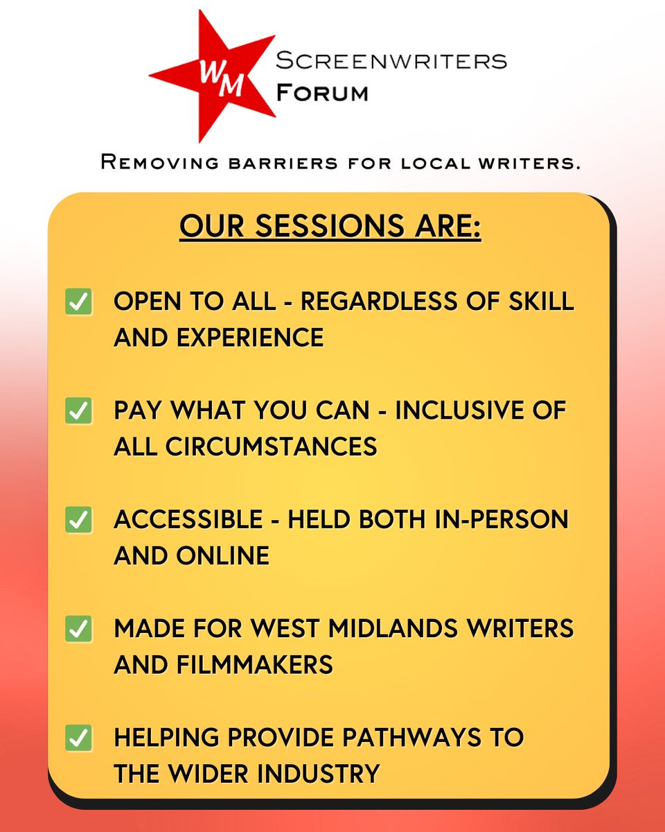 The Screenwriters Forum is removing barriers for West Midlands writers and filmmakers. 

Sign up for our next session: linktr.ee/screenwritersfm