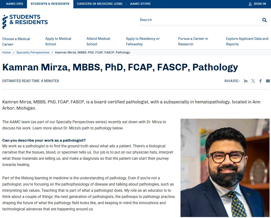 KMirza's tweet image. The @AAMCtoday page has a very cool section on #specialty #perspectives and *drumroll* #pathology is now featured by yours truly! 🥳

Such an honor to speak on behalf of my amazing colleagues in this wonderful specialty! Please share with all medical students! #path2path…