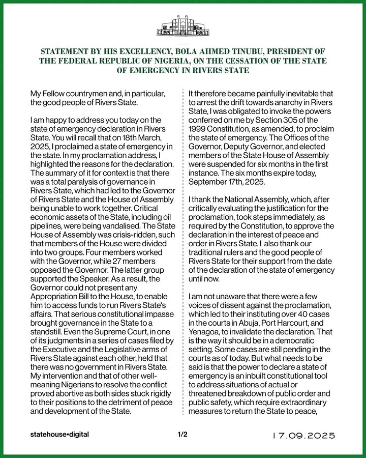 Finally, the State of Emergency on our dear Rivers State has been lifted by the President,<a href="/officialABAT/">Bola Ahmed Tinubu</a>.
Thank you Sir for heeding the call of fairness, justice.
Rivers State will be better.
#joyisback
<a href="/nassnigeria/">National Assembly</a>,<a href="/WazobiaFMPH/">WazobiaFMPH</a>,<a href="/phspecials/">Portharcourt Specials</a>,<a href="/SimFubaraKSC/">Siminalayi Fubara</a>,<a href="/GovWike/">Nyesom Ezenwo Wike</a>,<a href="/UN/">United Nations</a>,<a href="/ARISEtv/">ARISE NEWS</a>,@