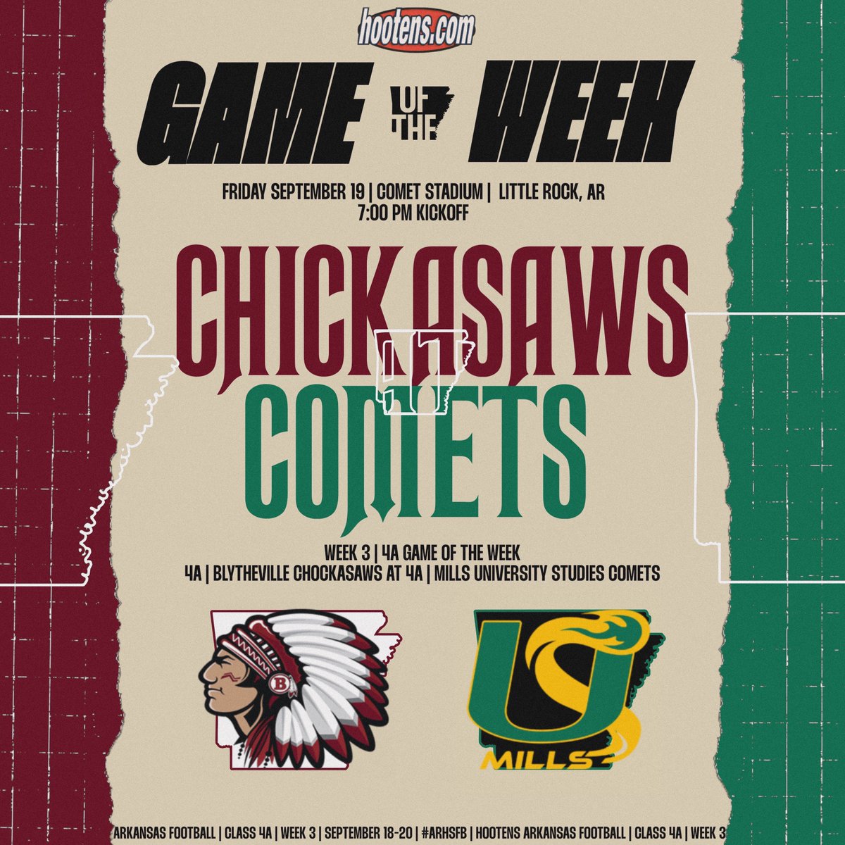 Hootens 4A Game of the Week | Class 4A| #20 Blytheville (2-0) at Class 4A | #3 Mills (2-0)

This battle of unbeatens was scheduled less than 10 days ago when the teams agreed to play instead of having just 2 non-conference games: hootens.com/class-4a-week-…