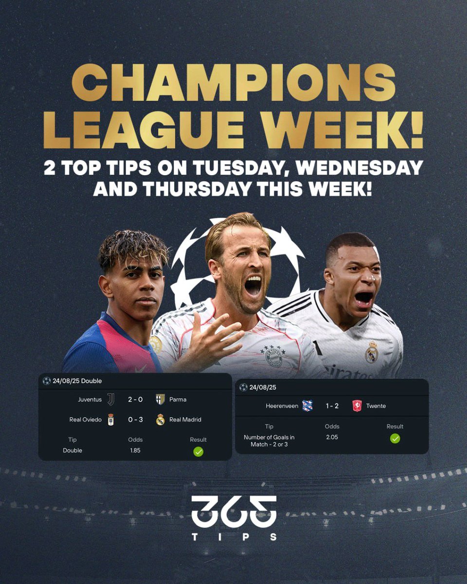 365ScoresTips's tweet photo. 🇪🇺✨ The Champions League 🇪🇺 is back! ✨🇪🇺

To celebrate Europe’s biggest competition, we’ve prepared something special for you this week. 🔥
👉 On Tuesday, Wednesday & Thursday you’ll get 2 Top Tips per day — the best betting picks of the day!

More football • More tips • More chances to win! 🏆

📲 Don’t miss out — check the 🔝 Tips now on 365Scores app!

👉 https://t.co/hINSJa788z

👉 https://t.co/hKlnzHTw1R