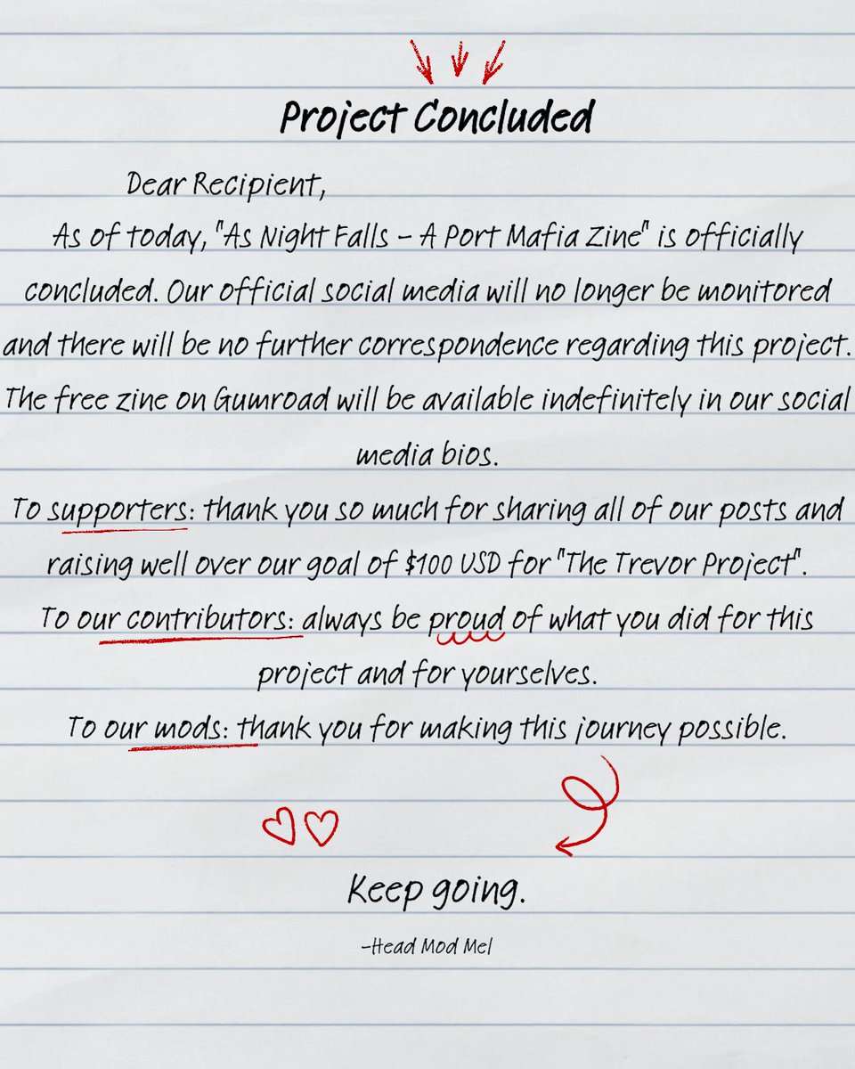 🌙 Project Concluded 🌙

Thank you for embarking on such a wonderful journey with us and for raising $176 USD for "The Trevor Project"!

Our free zine will always be available through the link in our bio.

Take care, Port Mafia fans! 🌙

- Head Mod Mel