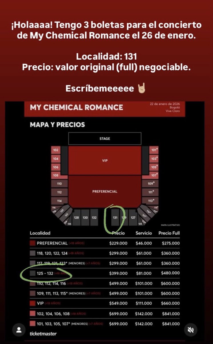 Gente de Twitter 
Por asuntos personales una amiga ya no puede ir al concierto de #mychemicalromance entonces está vendiendo sus boletas
Si alguien está interesado me comentan y les doy info al DM